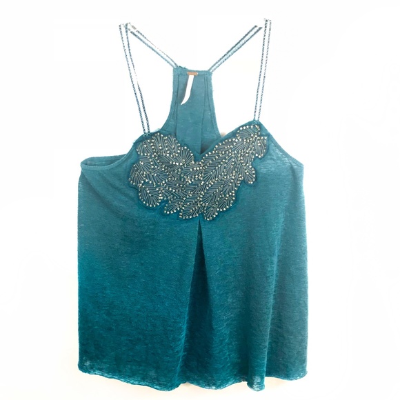 FREE PEOPLE Deep Turquoise Beaded Neckline ‘Persephone’ Slub Knit Swing Tank Top - Picture 2 of 8